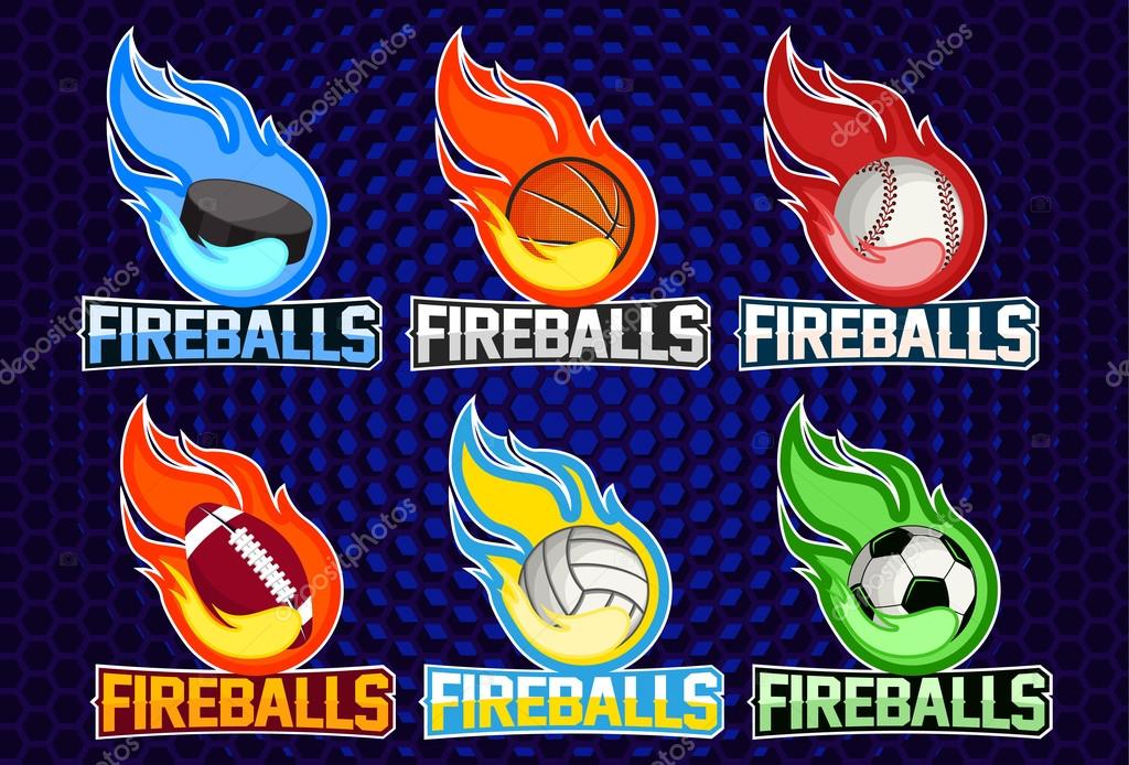 Flying different balls with fire flames on dark background. Design element. Vintage item. Modern professional logo for sport team.