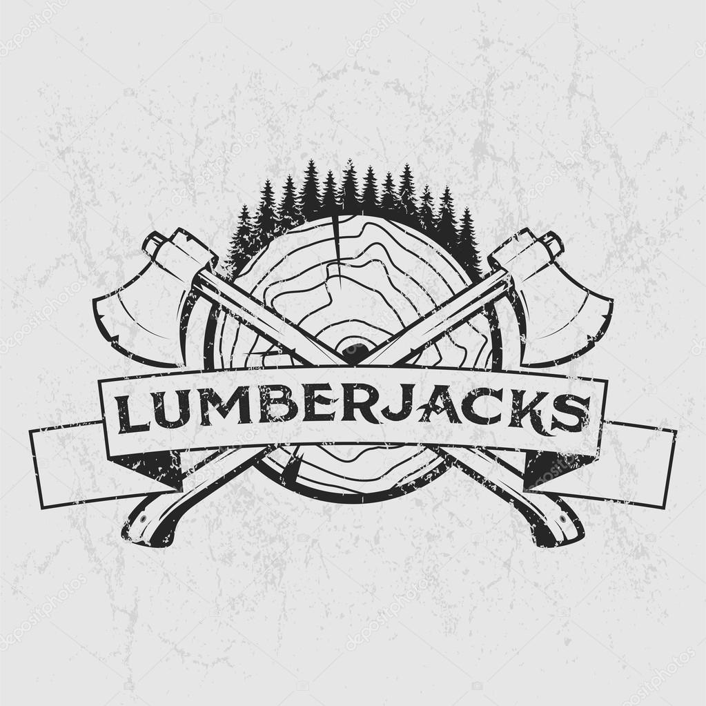 Lumberjack logo, t-shirt design with illustrated wood, trees, axes and ribbon. Hand drawn illustration
