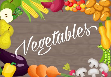 Maddeler üzerinde eski bir ahşap masa yemek pişirmek için. Vejetaryen düz tasarım. Farklı sebze sağlıklı gıda