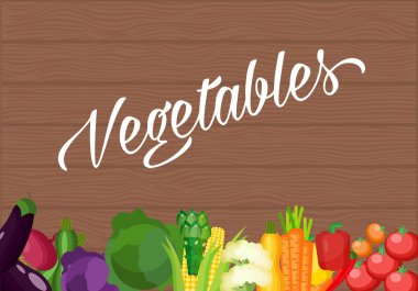 Maddeler üzerinde eski bir ahşap masa yemek pişirmek için. Vejetaryen düz tasarım. Farklı sebze sağlıklı gıda