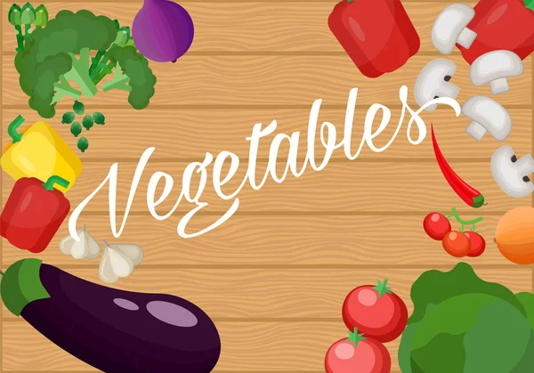 Ingredientes para cocinar en una vieja mesa de madera. Diseño plano vegetariano. Alimento saludable de diferentes verduras — Vector de stock