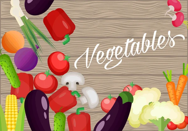 Ingredientes para cocinar en una vieja mesa de madera. Diseño plano vegetariano. Alimento saludable de diferentes verduras — Vector de stock