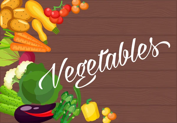 Ingredientes para cocinar en una vieja mesa de madera. Diseño plano vegetariano. Alimento saludable de diferentes verduras — Vector de stock