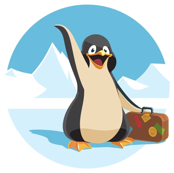 Aranyos rajzfilm pingvin gazdaságban egy bőröndöt — Stock Vector