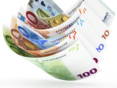 Çeşitli mezheplerin kıvrılmış Euro kambiyo düşen yığını
