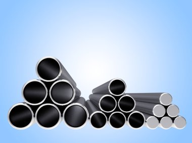 Farklı çaplarda bir piramitleri yığılmış metal borular