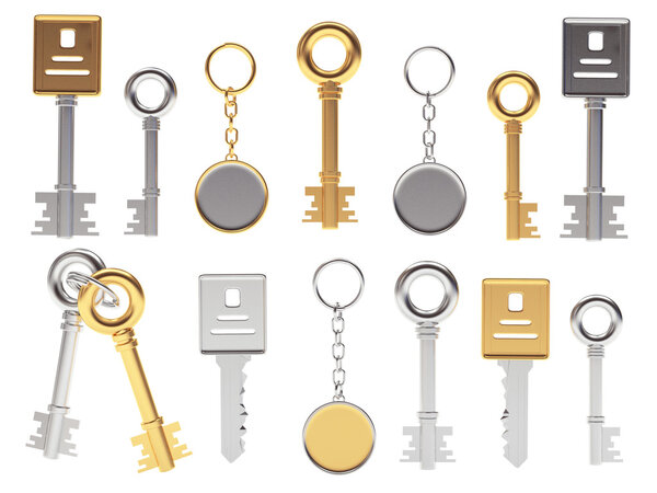 Set of keys of different shapes and key chains