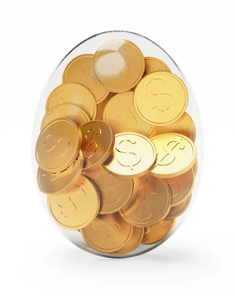 Стеклянное яйцо, полное золотых монет — стоковое фото
