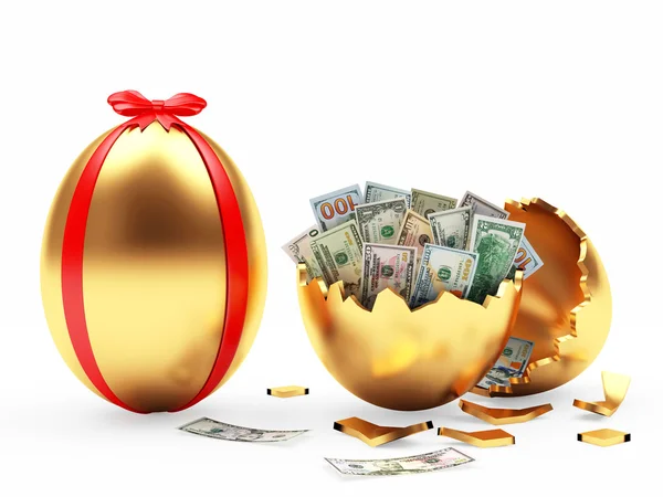 Huevos de Pascua dorados llenos de billetes de dólar — Foto de Stock