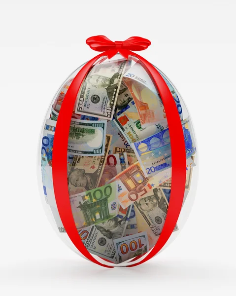 Huevo de Pascua de cristal lleno de billetes de dólar y euros — Foto de Stock