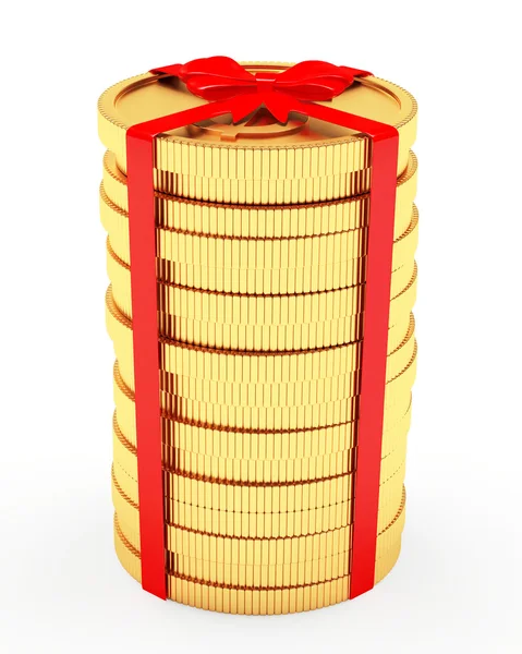 Pilha de moedas de ouro com fita vermelha e arco — Fotografia de Stock