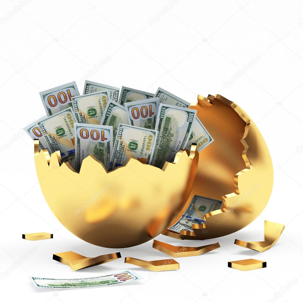 Golden broken egg full of dollar bills