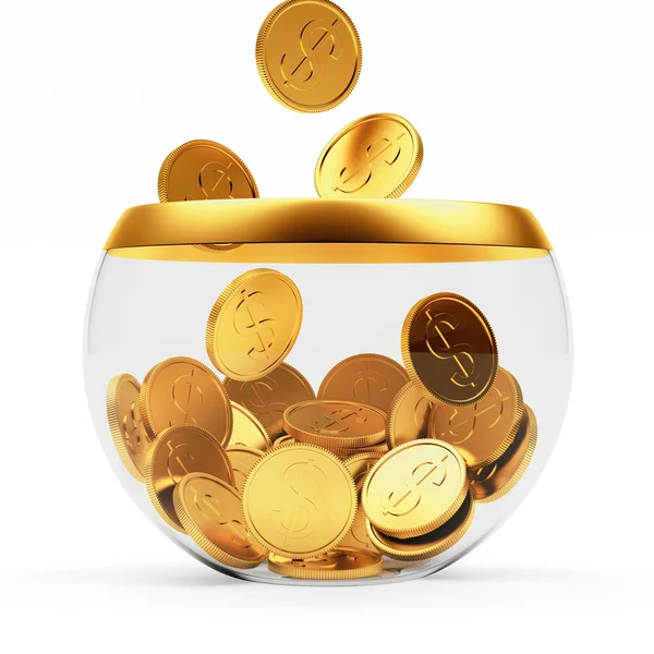 Padající zlaté mince v skleněná mísa — Stock fotografie