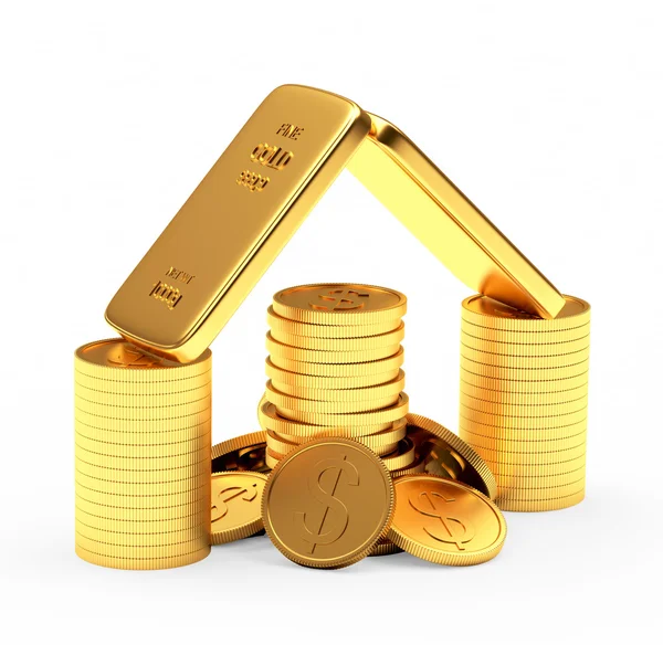 Golden bars and coins stacked in the form of home — Stock Photo, Image