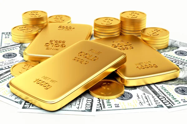 Money and flat golden bars — Stock Photo, Image