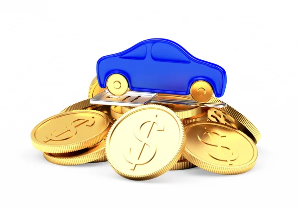 Carro azul em uma pilha de moedas — Fotografia de Stock