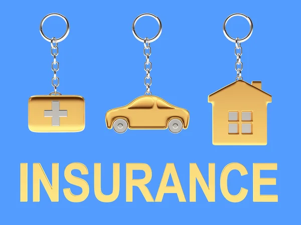 Satz goldener Schlüsselanhänger in Form von Haus, Auto und Arztkoffer und Wortversicherung auf blau — Stockfoto