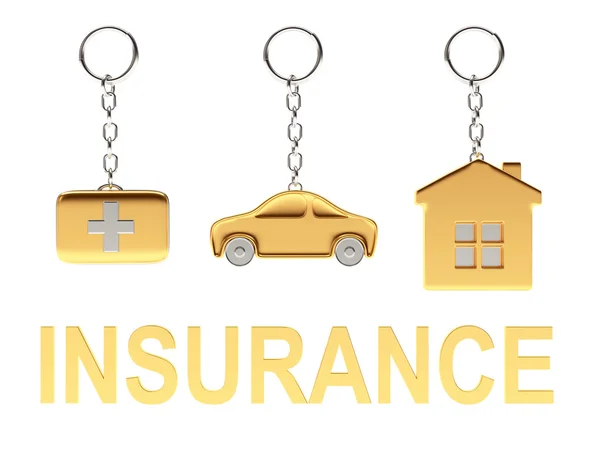家、車、医療のスーツケースと保険の単語の形でキーホルダー — ストック写真