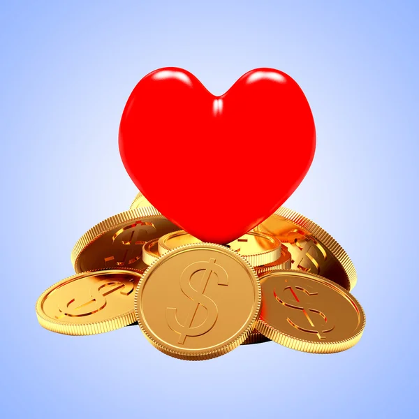Κόκκινη Καρδιά σε έναν σωρό των χρυσά νομίσματα σε μπλε — Φωτογραφία Αρχείου