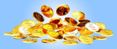 Altın sikke üzerinde mavi bir yığın düşmek 