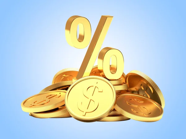 Procentteken op een stapel van gouden munten op blauw — Stockfoto