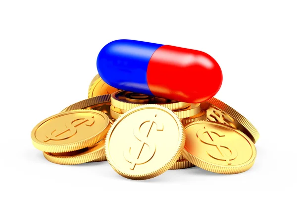 Färgglada piller på en hög med mynt — Stockfoto