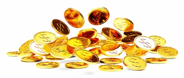 Zlatá mince spadají do hromady na bílém pozadí — Stock fotografie