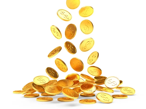 Beyaz üzerinde dolar işareti olan düşen altın sikke 