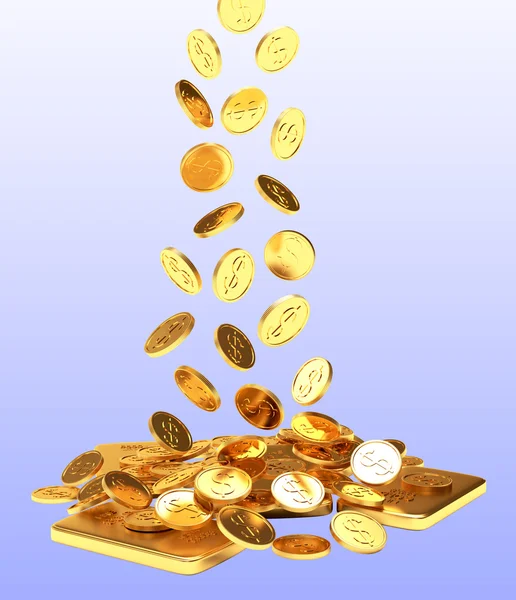 Falling golden coins on ingots on blue — Stock Photo, Image