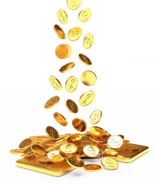 Queda de moedas de ouro em lingotes — Fotografia de Stock