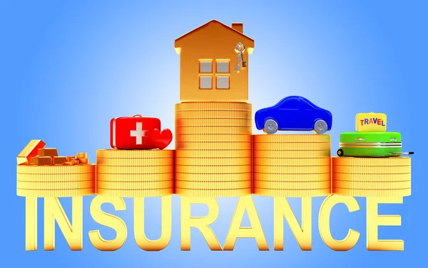 Concepto de seguro. Maletas de casa, coche, ahorros, médicas y de viaje en pilas de monedas en azul —  Fotos de Stock