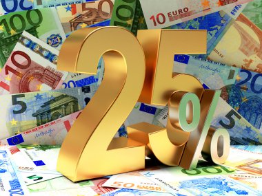 Altın yüzde 25'i Euro faturaları arka plan üzerinde. 