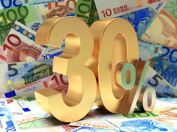 Golden 30 PERCENT on background of EURO bills.