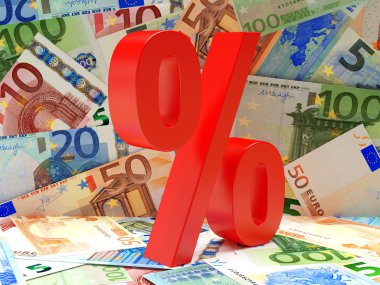 Euro faturaları arka plan üzerinde kırmızı yüzde işareti.