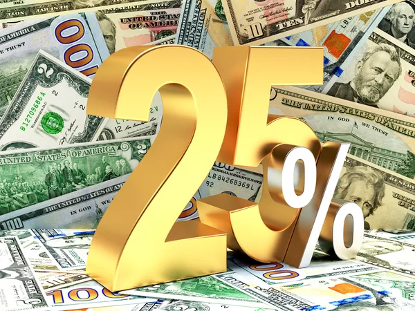 Arany 25 százalék, háttérben a dollár számlák. — Stock Fotó