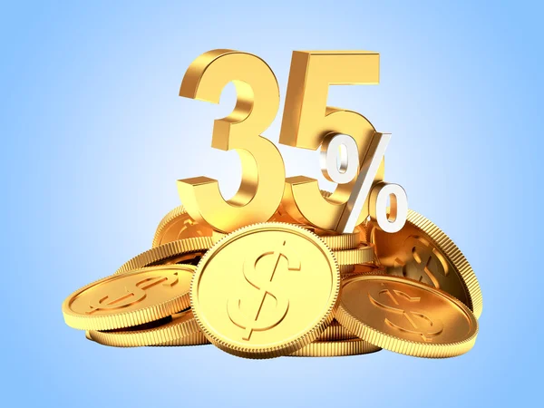 35 відсотків знижки на купу золотих монет на синьому — стокове фото