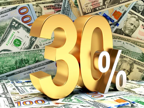Arany 30 százalékkal, a háttérben a dollár számlák. — Stock Fotó