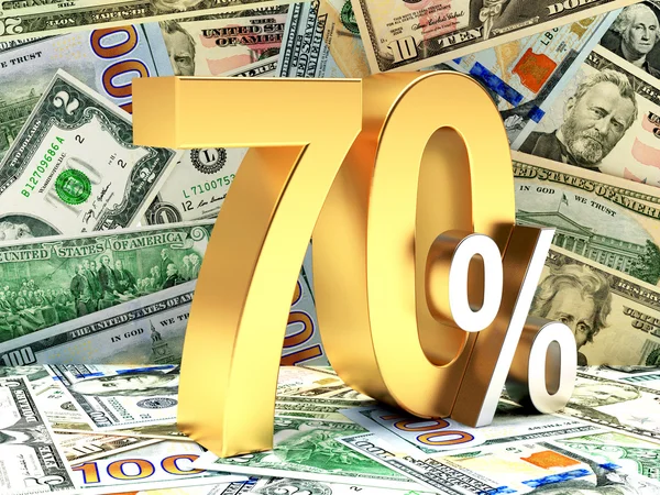 Golden 70 PERCENT on background of dollar bills. — Stock Photo, Image