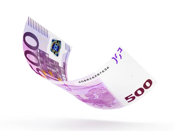 Falling five hundred Euro banknote curled on white — Stock Photo, Image