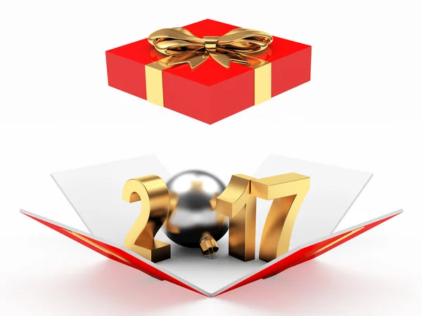 2017 Новий рік з різдвяним м'ячем у відкритій подарунковій коробці на білому — стокове фото