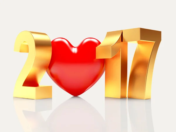 2017 happy New Year kavramı. Kırmızı kalpli altın metin. — Stok fotoğraf