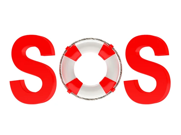 Palavra SOS com lifebuoy isolado no fundo branco . — Fotografia de Stock