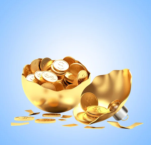 Σπασμένα χρυσή μπάλα Χριστούγεννα γεμάτη από νομίσματα σε μπλε — Φωτογραφία Αρχείου