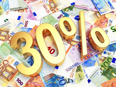 Altın arka plan Euro faturaları üzerinde yüzde 30