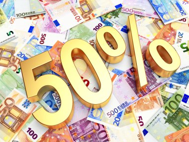 Altın yüzde 50 Euro faturaları arka plan üzerinde. 