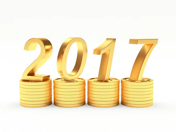 数字 2017 新年在白色金币堆栈 — 图库照片