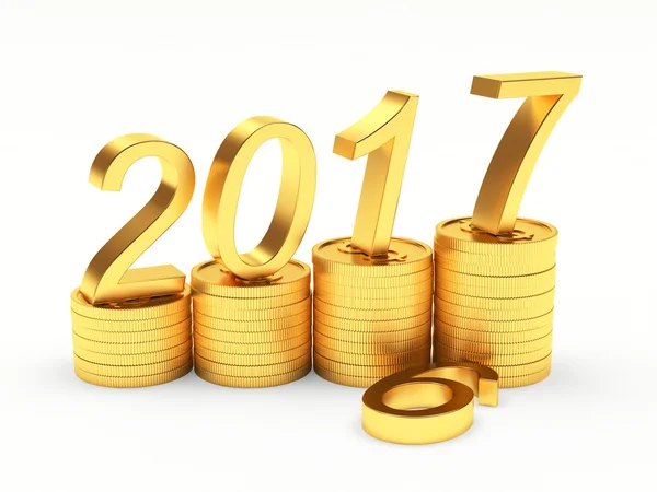Graph with numbers 2017 New Year on stacks of golden coins on white — Stockfoto