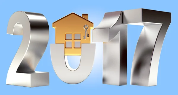 Plata 2017 Año Nuevo con casa de oro en azul — Foto de Stock