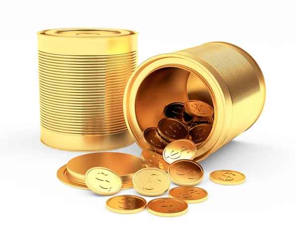 Latas de ouro fechadas e abertas com moedas derramadas em branco — Fotografia de Stock