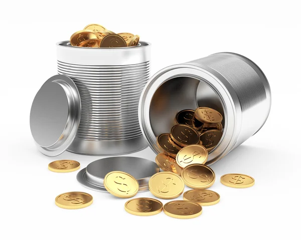 Latas de metal abertas com moedas de ouro em branco — Fotografia de Stock